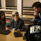 Margaret Qualley, Nat Wolff, and Adam Wingard on the set of Death Note. Image: James Dittiger/Netflix
